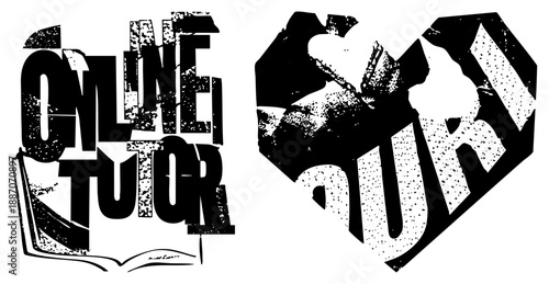 Bold Grunge Style " Tutor" and "Sour" Logos with Book and Heart Shapes