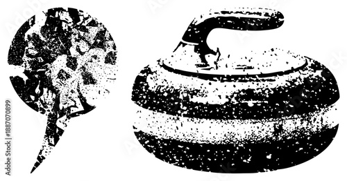 Vintage Curling Stone and Ice Hockey Stick Silhouettes in Halftone Style