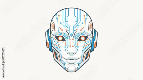 Futuristic Robot Head with Glowing Eyes and Circuitry.