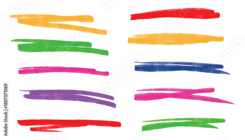 Pastel underline color crayon set. Doodles design elements for emphasizing text lines and decorative accents. Horizontal hand drawn chalk, marker, pencil highlighter strokes with rough textured edges