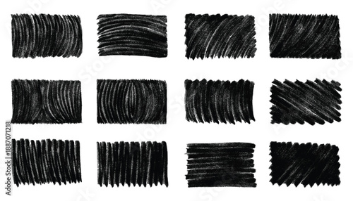 Black paint wavy backgrounds. Vector set of grungy graphic elements. Street art texture hand drawn pencil strikethrough, scribble emphasis lines, crazy hatches, ovals and crosses