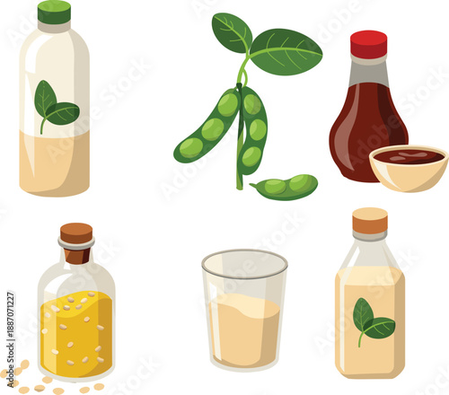 Soy milk and soybeans illustration set with bottles, glass and sauce, healthy plant based drink and food ingredients flat vector collection
