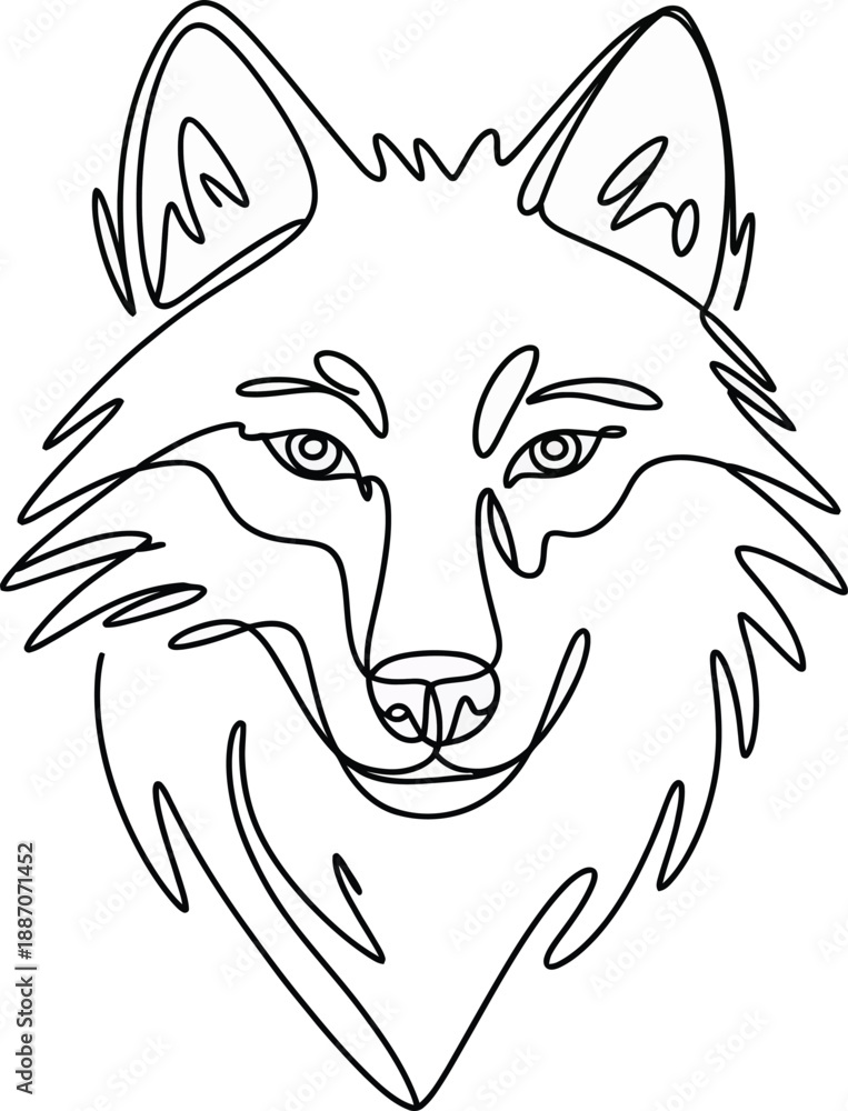 Fototapeta premium Black and white line of a wolf face with pointed ears and sharp