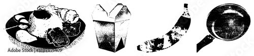 Black and White Halftone Plate of Food, Takeout Box, Banana, and Frying Pan