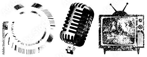 Vintage Radio Dial, Retro Microphone, and Old TV Set in Halftone Style