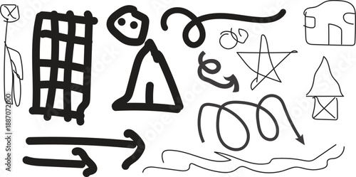 A collection of simple stick figures and abstract doodles on a white background with various shapes and symbols