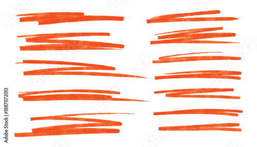 Red color crayon underline set. Horizontal hand drawn chalk or marker highlighter strokes. Pencil lines with textured edges. Design elements for emphasizing text lines and decorative accents