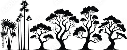 Collection of exotic tree silhouettes including palms and savanna trees isolated on white background for tropical and landscape design use