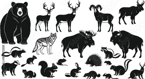 Collection of North American wildlife animal silhouettes including bear deer wolf and forest mammals isolated on white background for nature design use