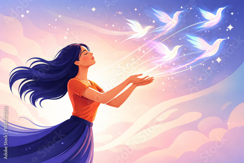 Woman releasing abstract birds of light representing freedom voice and self expression in flat vector style