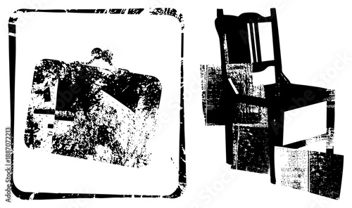 Vintage Suitcase and Wooden Chair Silhouettes in Grunge Style