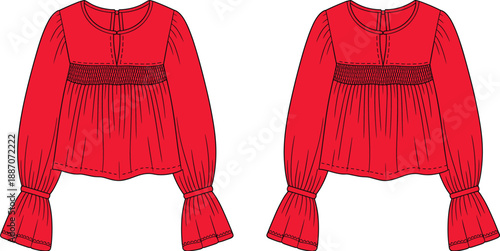 Women blouse technical fashion illustration with front and back views, featuring smocked bodice, long flared sleeves, cropped fit, and detailed garment flat design isolated on white background
