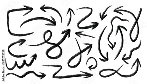 Kid arrow crayon brush chalk pencil texture line stroke. Fun swirl arrow icon collection for infographic design. Hand drawn grunge doodle spiral, curved charcoal sketch direction pointers elements. 