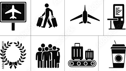 Airport travel icon set silhouette showing airplane luggage passengers boarding kiosk baggage conveyor and coffee cup, black vector illustration for aviation transportation concepts