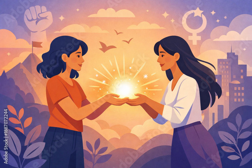 Women exchanging symbolic light between each other representing support and empowerment in animated flat scene