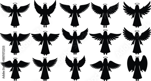 Set of black angel silhouettes with wings and halos showing spiritual heavenly figures isolated on white background for religious and decorative design use