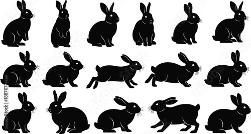 Rabbit Silhouette Set Showing Cute Bunny Poses Including Sitting, Running, and Jumping Isolated on White Background for Design