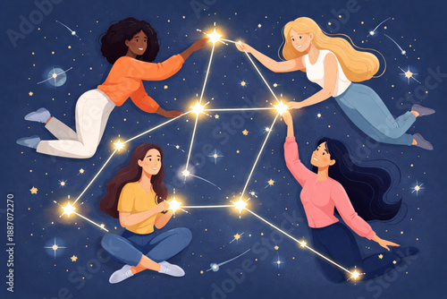 Women forming a constellation like pattern symbolizing connection and inspiration