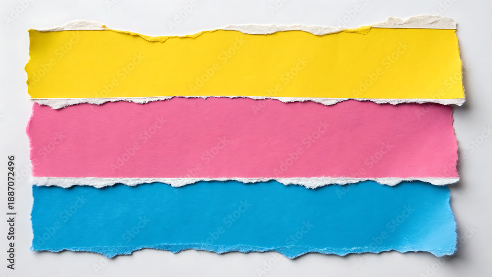 Fototapeta premium Torn paper strips in yellow, pink, and blue
