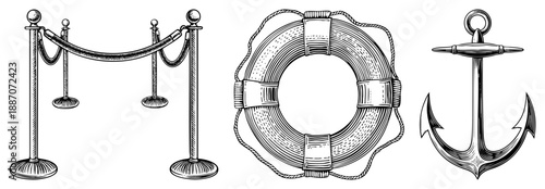 Vintage Maritime Symbols Queue Stanchion, Lifebuoy, and Anchor in Classic Art