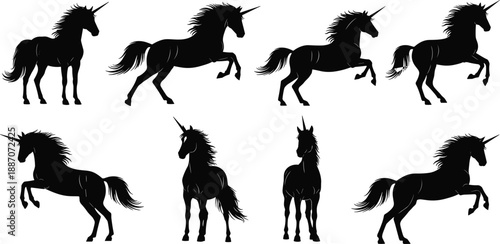 Set of black unicorn silhouettes showing magical fantasy horse poses isolated on white background for fairytale and mythical design use