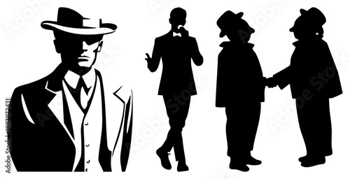 Vintage Gangster Silhouettes in Classic Noir Style