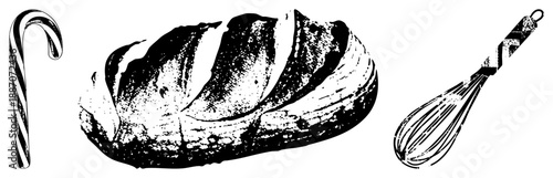 Classic Holiday Candy Cane, Artisan Bread Loaf, and Kitchen Whisk Vector Set