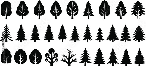 Set of black tree icons including deciduous and pine silhouettes isolated on white background for forest, map, and landscape design use