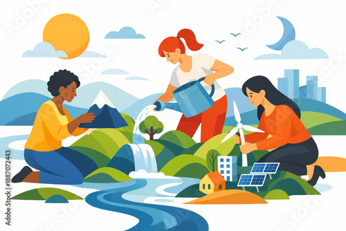 Women shaping abstract landscapes together symbolic of building a better future