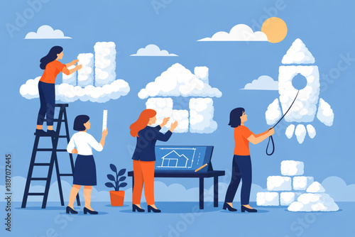 Women shaping abstract clouds into structured forms symbolizing creativity and leadership in clean flat design