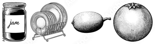 Vintage Style Jam Jar, Dish Rack, Kiwi, and Orange in Classic Art