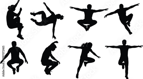 Set of dynamic jumping human silhouettes showing energetic dance and athletic poses isolated on white background for motion design use