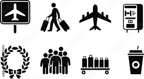 Airport travel icons silhouette set including airplane luggage passengers boarding sign baggage cart and coffee cup, black vector illustration for transportation and tourism concepts
