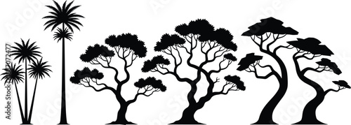 Set of exotic tree silhouettes including palm and savanna style trees isolated on white background for landscape and nature design use
