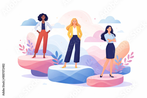 Women standing confidently on abstract platforms floating in harmony in clean flat design
