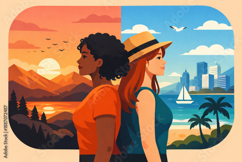 Women standing back to back facing different horizons representing individuality within unity in flat vector style