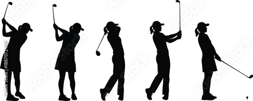 Set of female golfer silhouettes showing golf swing sequence poses isolated on white background for sport and training design use