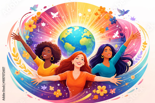 Women radiating energy outward in abstract circular composition representing global impact and empowerment