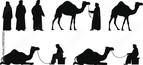 Camel caravan silhouette vector illustration showing desert travelers, traditional people and camels resting and walking, Arabian culture, nomadic lifestyle and desert travel concept