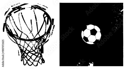 Basketball Hoop Net and Soccer Ball Vector with Distressed Texture