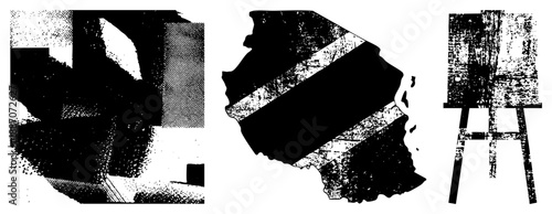 Abstract Halftone Art Pieces with Textured Geometric Shapes