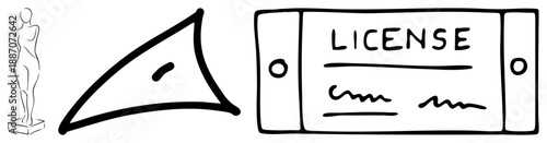 Hand Drawn License Plate, Statue, and Abstract Triangle Silhouettes
