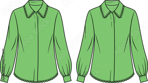 Women long sleeve blouse flat sketch front and back view, green button down shirt fashion technical drawing for apparel design vector illustration
