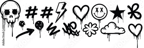 Collection of black graffiti spray paint icons including a skull, hearts, hashtags, lightning bolt, and smiley face with drips.