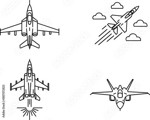 Set of line art icons representing fighter jets in various aerial positions, symbolizing aviation and military power.