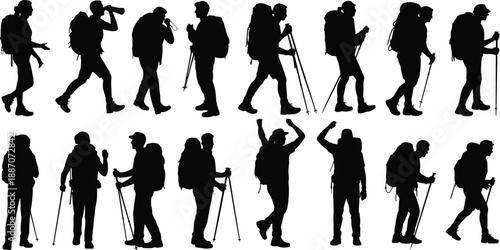 Collection of hiking people silhouettes with backpacks and trekking poles, adventurous travelers walking resting celebrating, outdoor exploration black vector illustration isolated on white background
