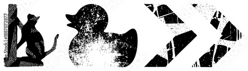 Vintage Halftone Cat, Duck, and Arrow Silhouettes in Black and White