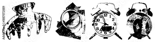 Vintage Style Hair Comb and Alarm Clocks with Distressed Textures