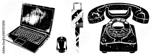 Vintage Rotary Phone, Laptop, and Mouse in Stylized Black and White Vector Set