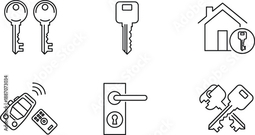 Collection of outline icons representing keys, keycards, and a house symbol for security, access, and real estate concepts.